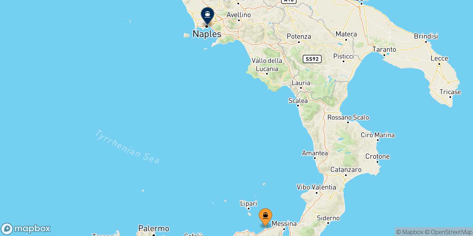 Mappa della rotta Milazzo Napoli