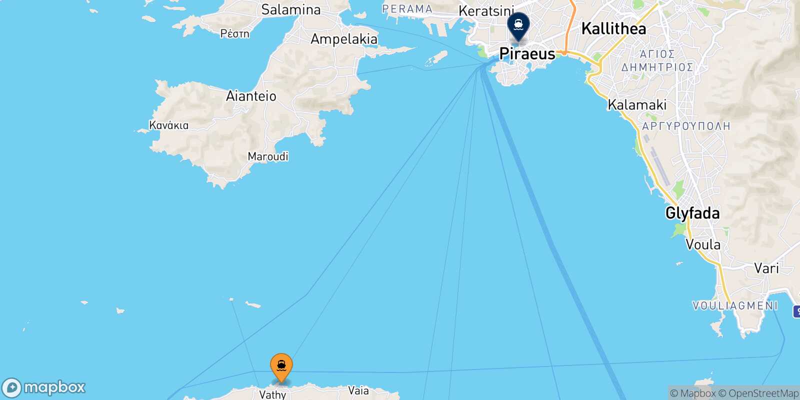 Mappa della rotta Souvala (Aegina) Pireo