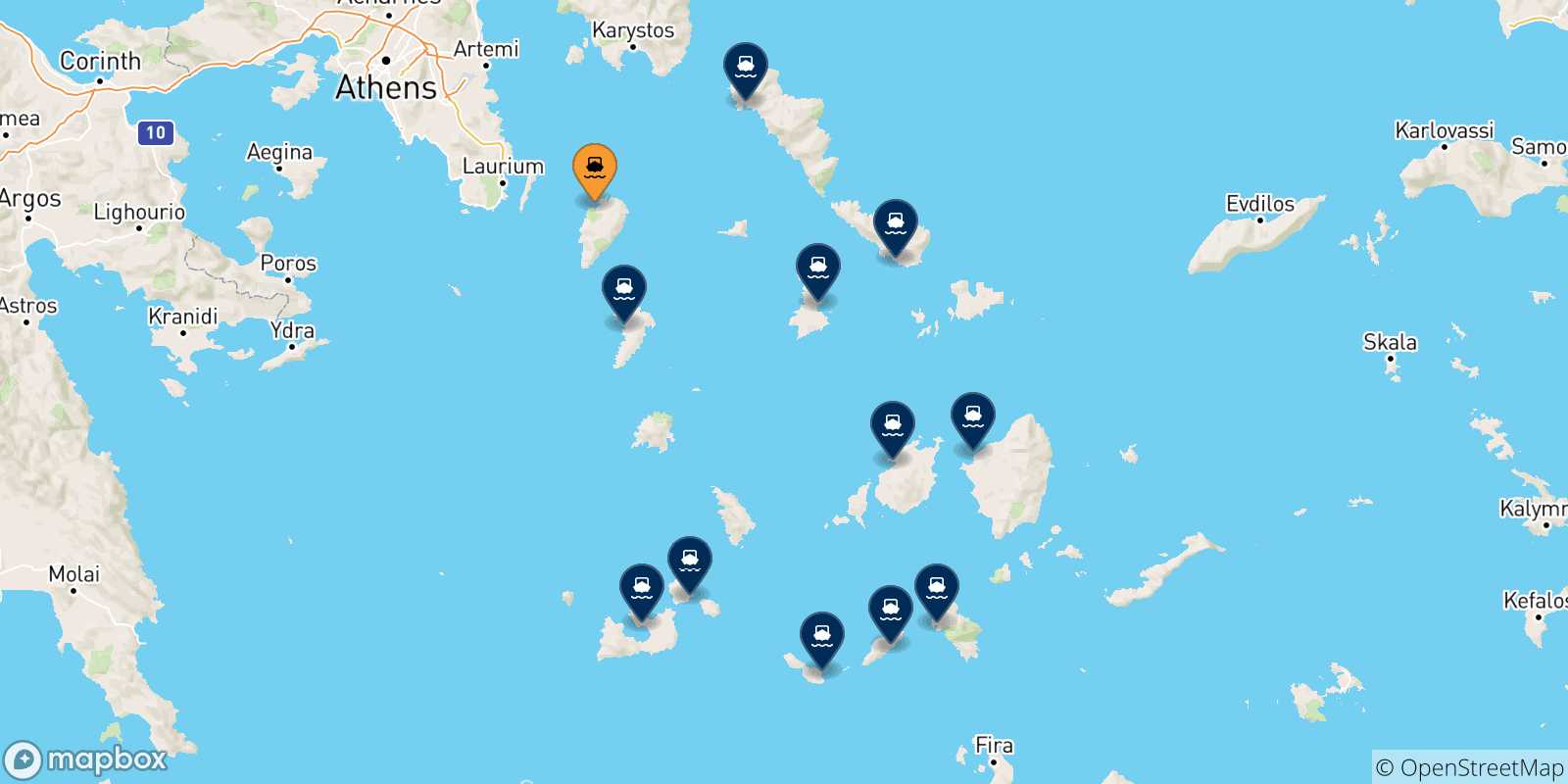 Mappa delle possibili rotte tra Kea e le Isole Cicladi