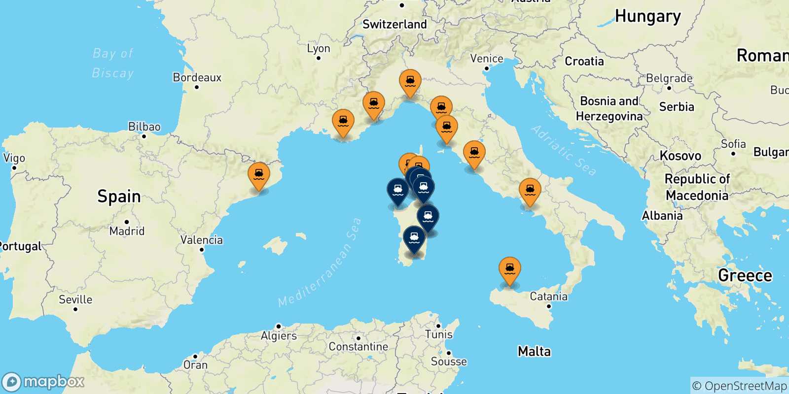 Mappa dei porti collegati con la Sardegna
