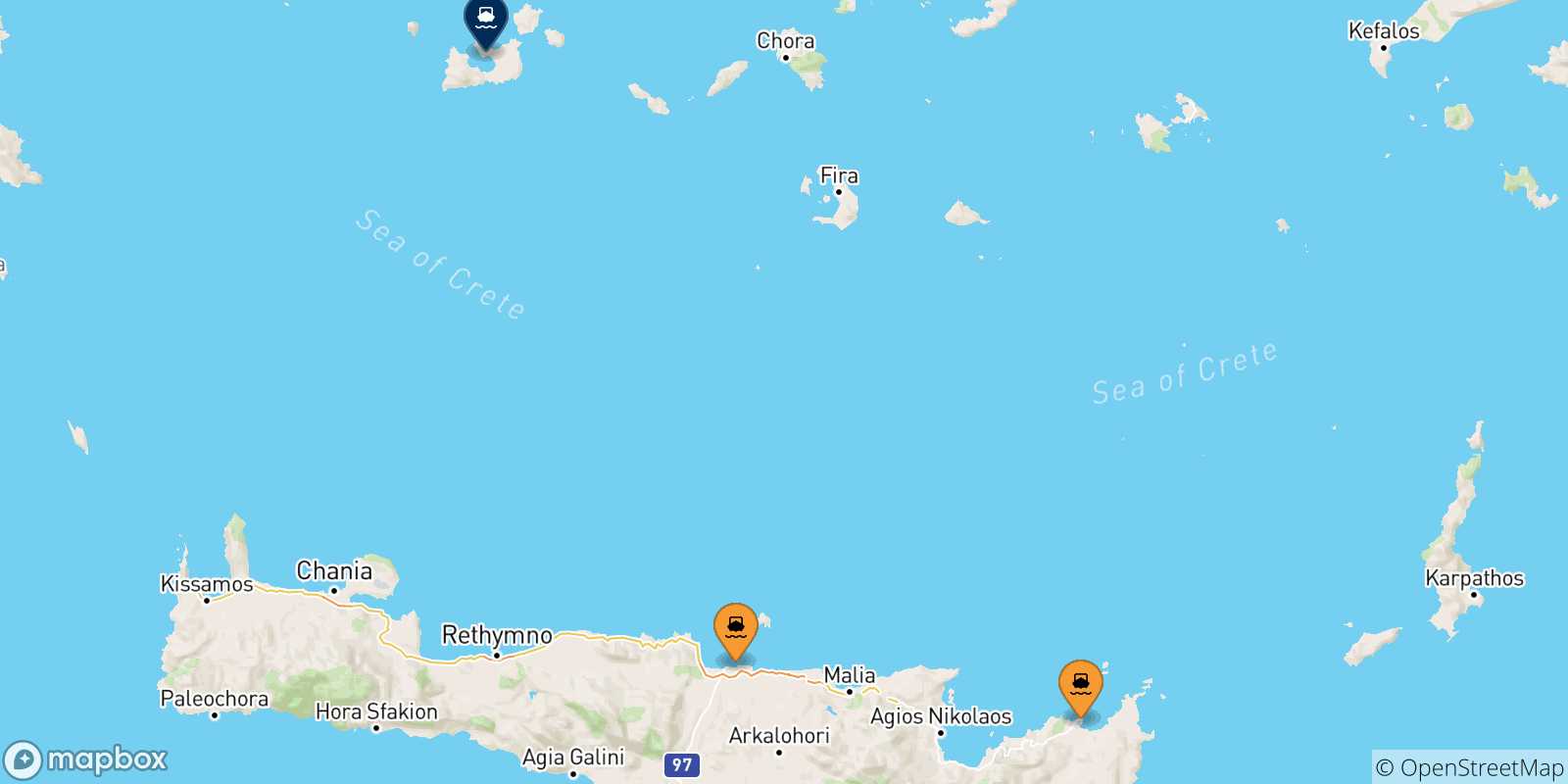 Mappa delle possibili rotte tra Creta e Milos