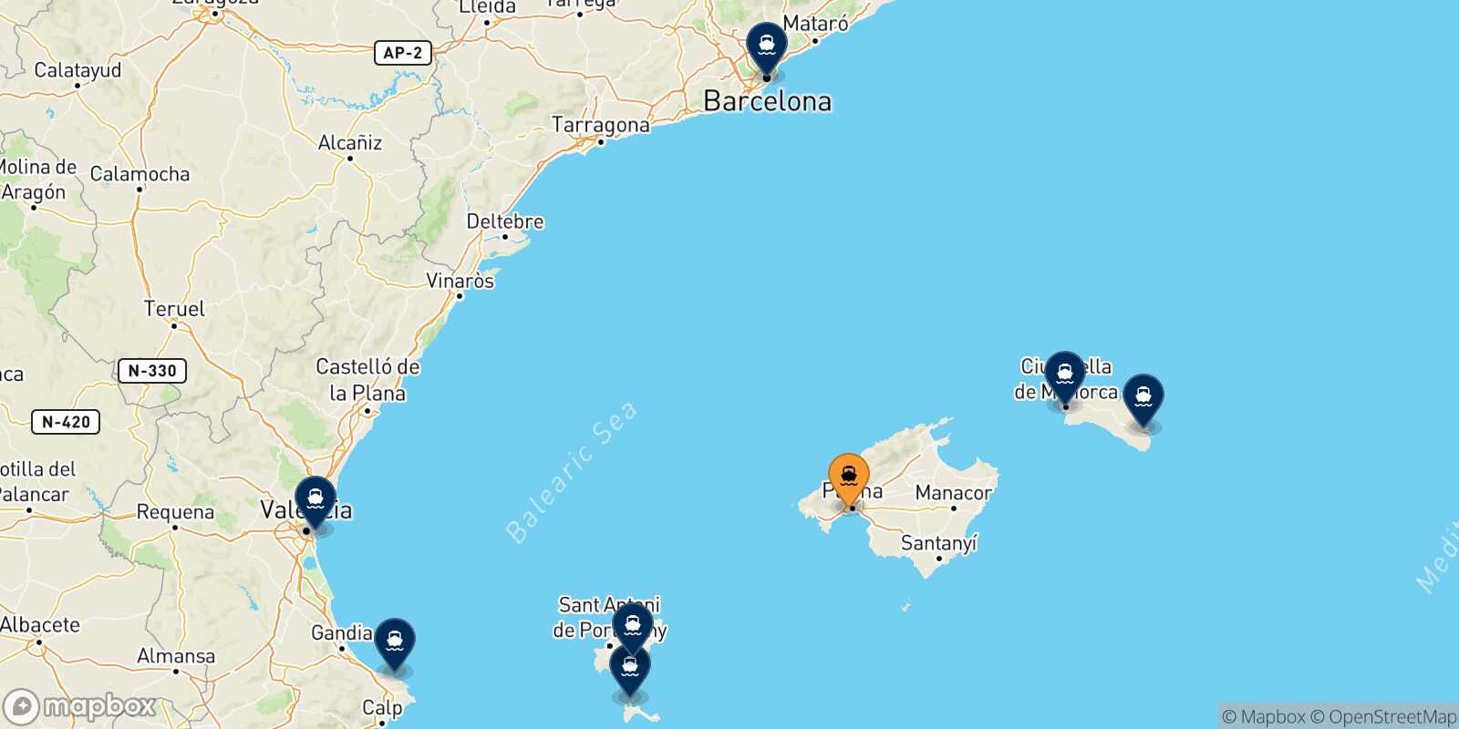 Mappa delle destinazioni raggiungibili da Palma Di Maiorca
