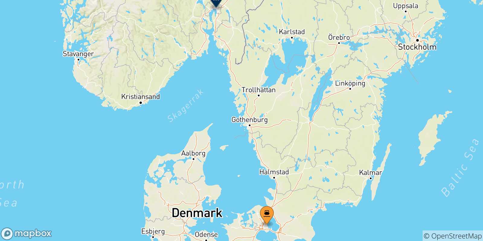 Mappa delle possibili rotte tra la Danimarca e Oslo