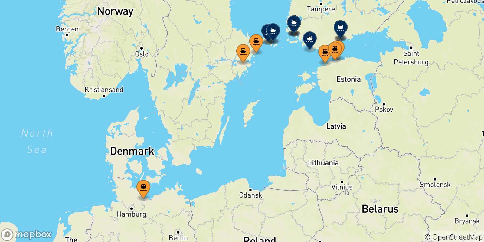 Mappa dei porti collegati con la Finlandia