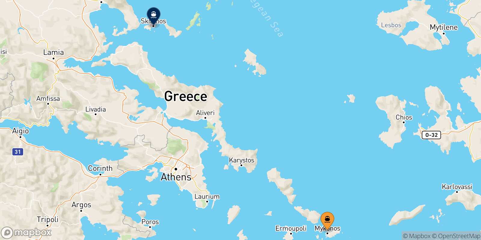 Mappa della rotta Mykonos Skiathos