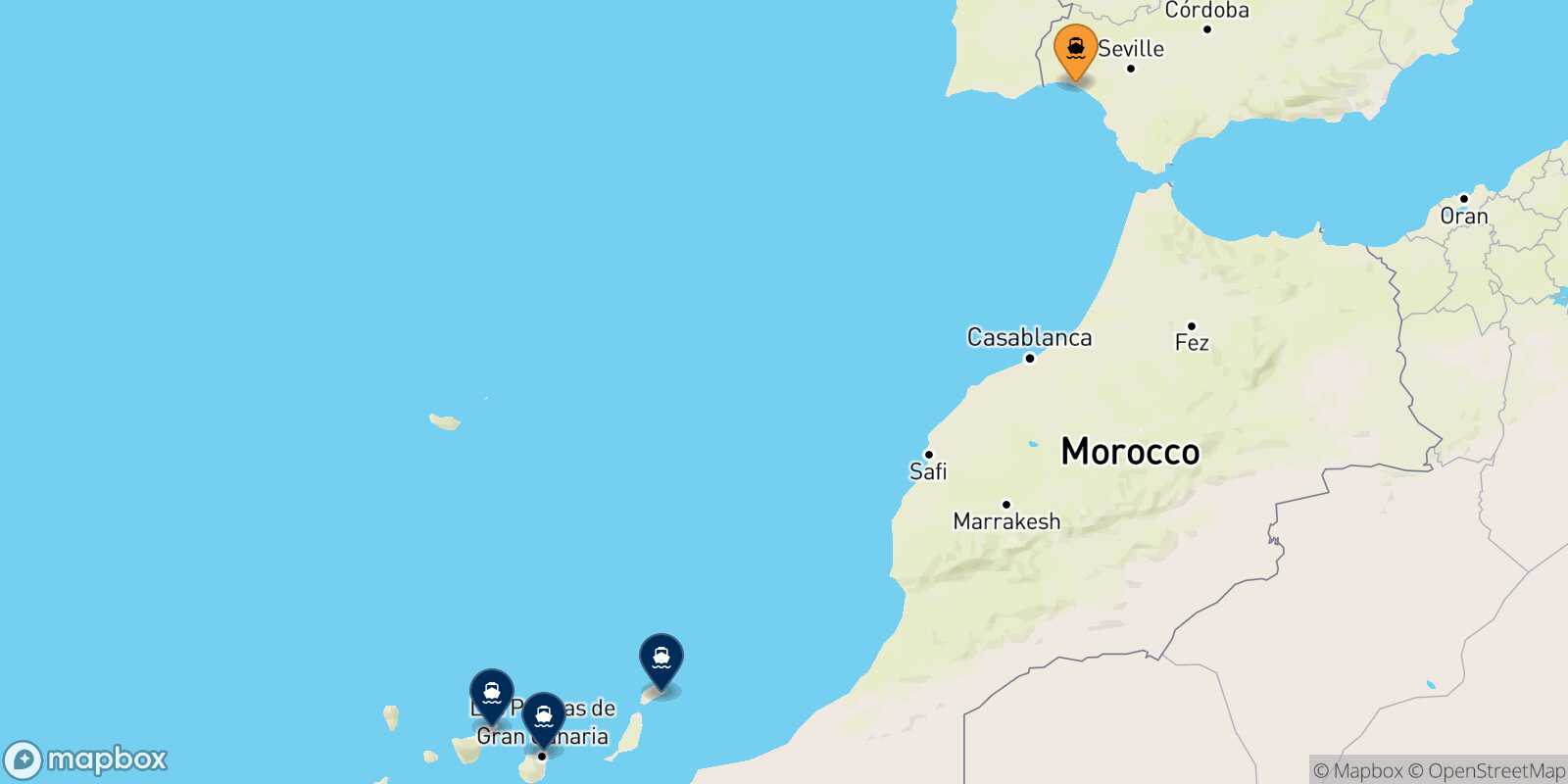 Mappa delle destinazioni raggiungibili da Huelva