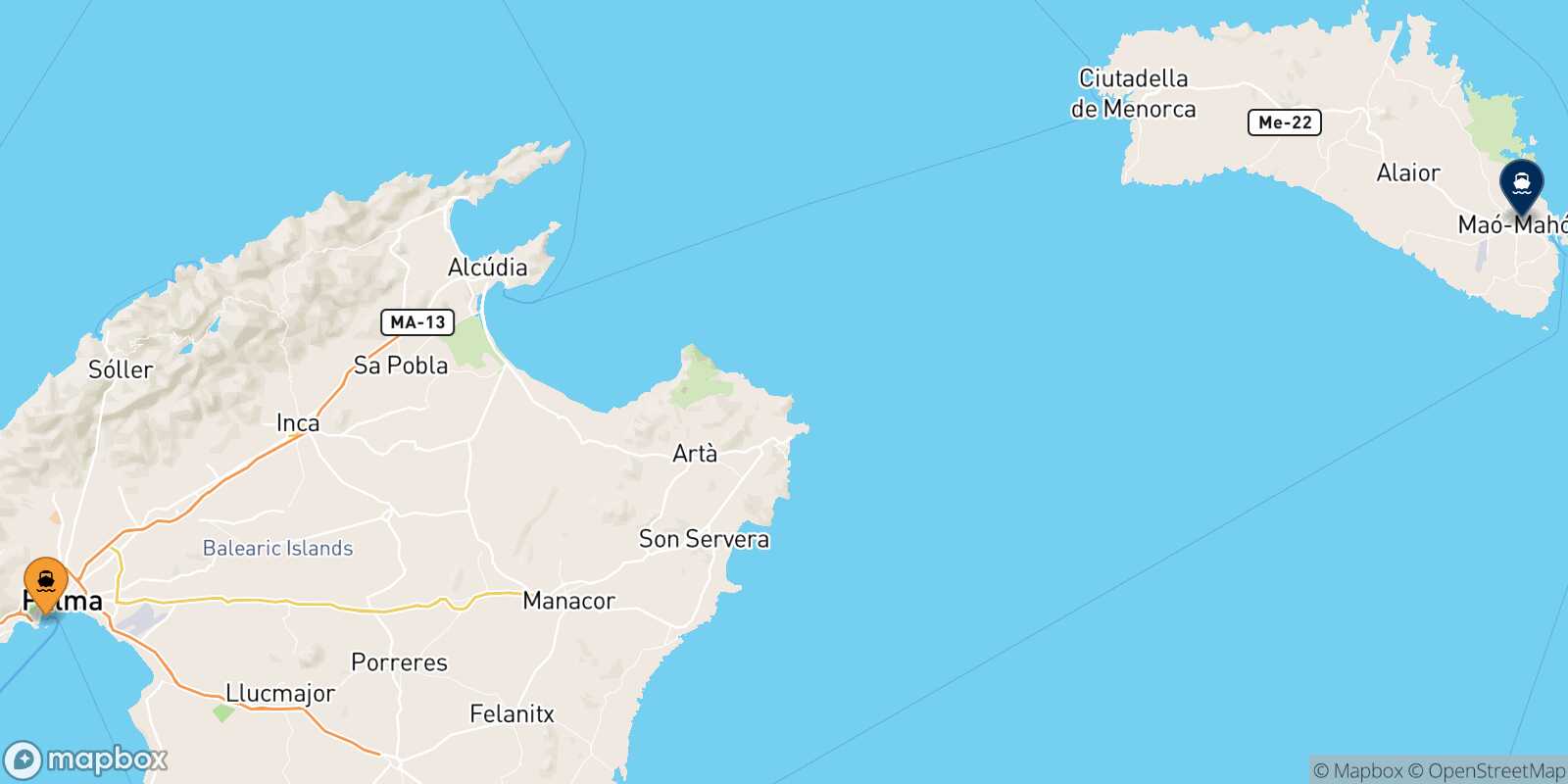 Mappa della rotta Palma Di Maiorca Mahon (Minorca)