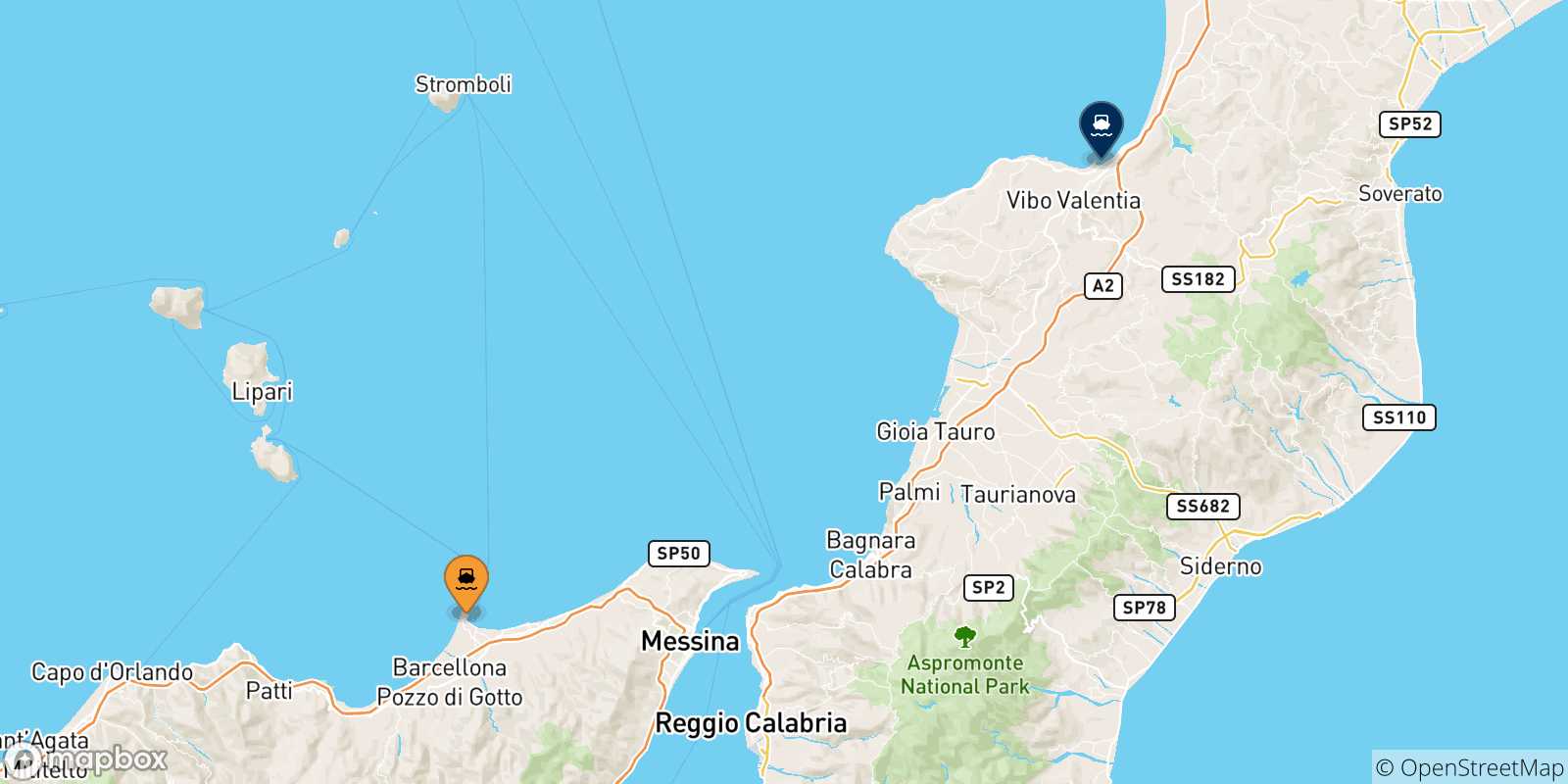 Mappa delle possibili rotte tra la Sicilia e Vibo Valentia