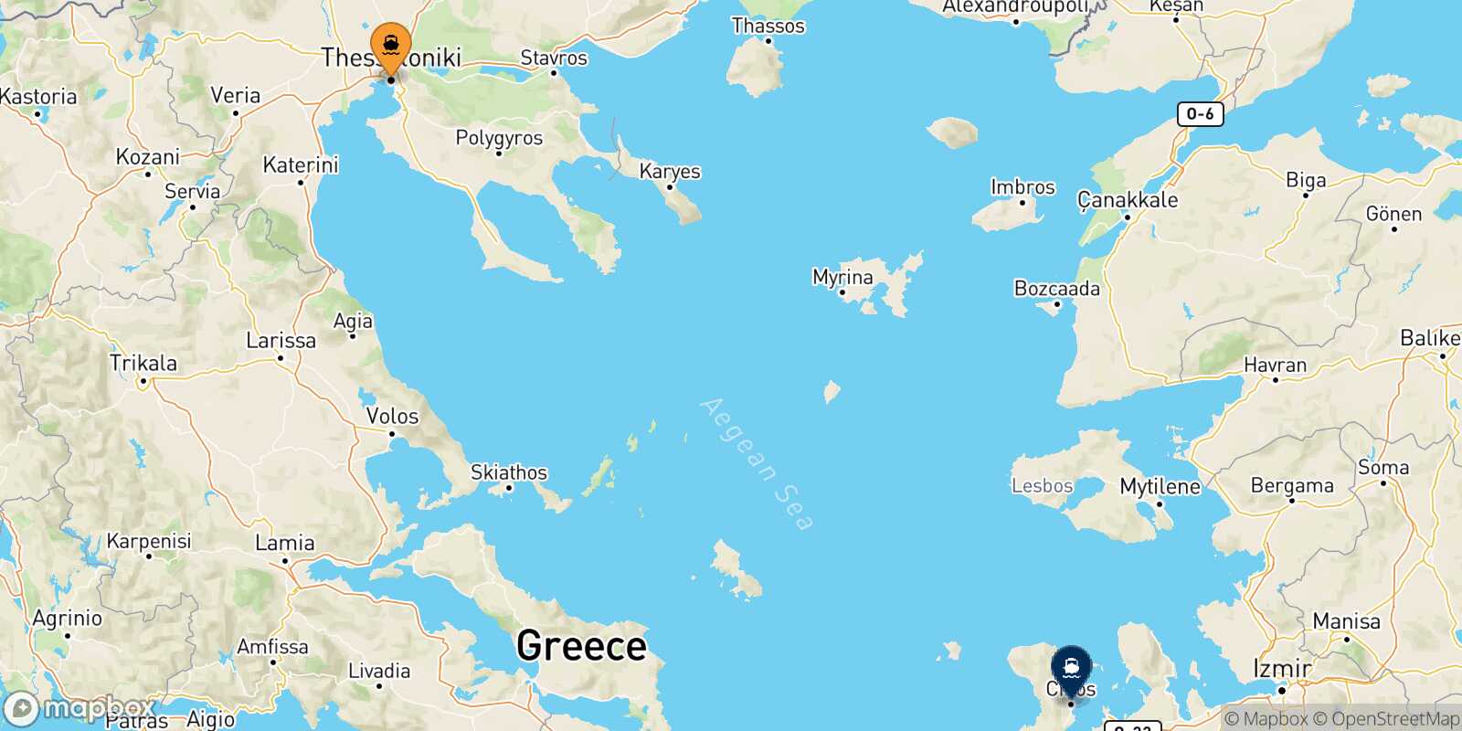 Mappa della rotta Salonicco Chios