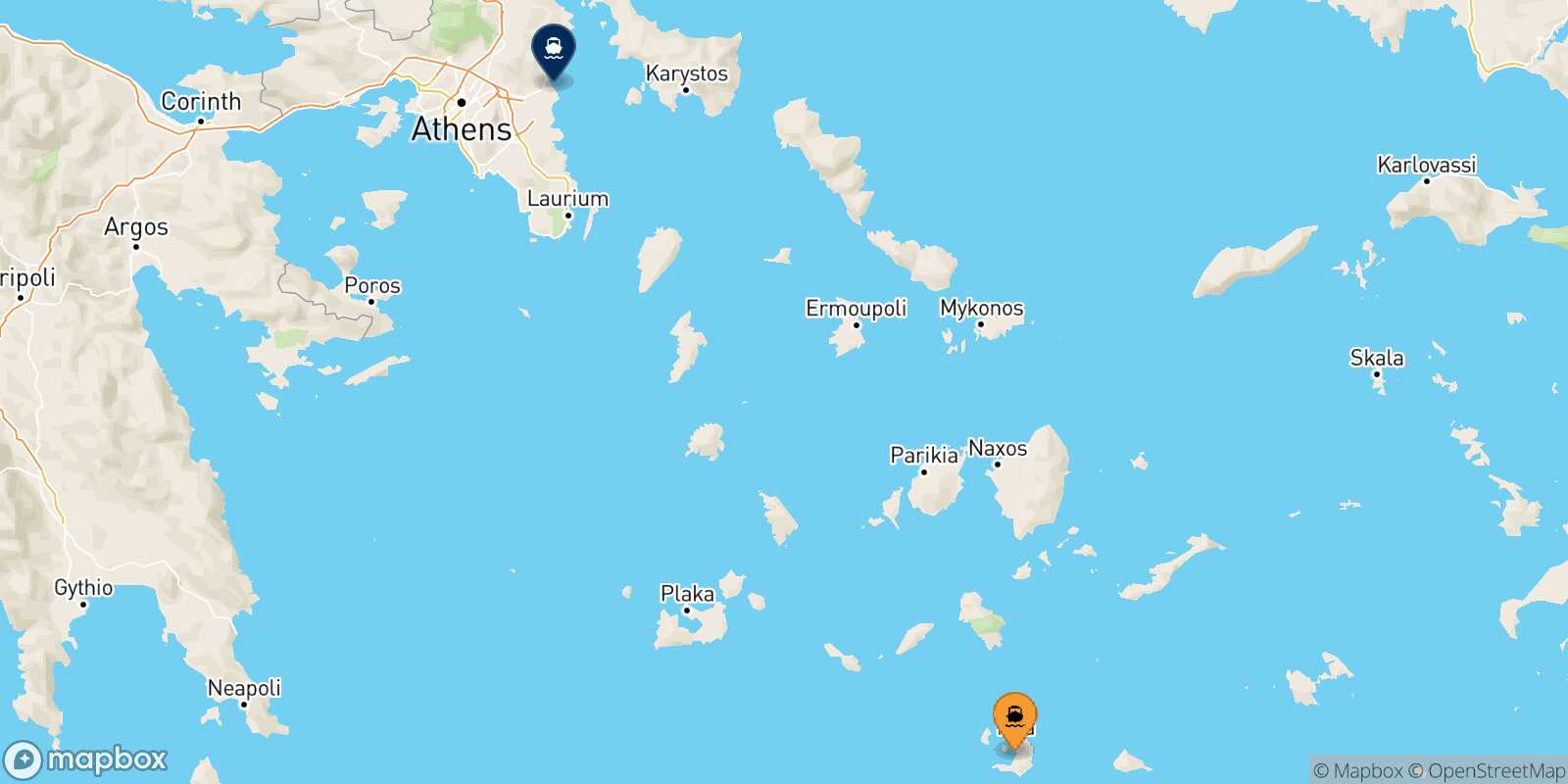 Mappa della rotta Santorini Rafina
