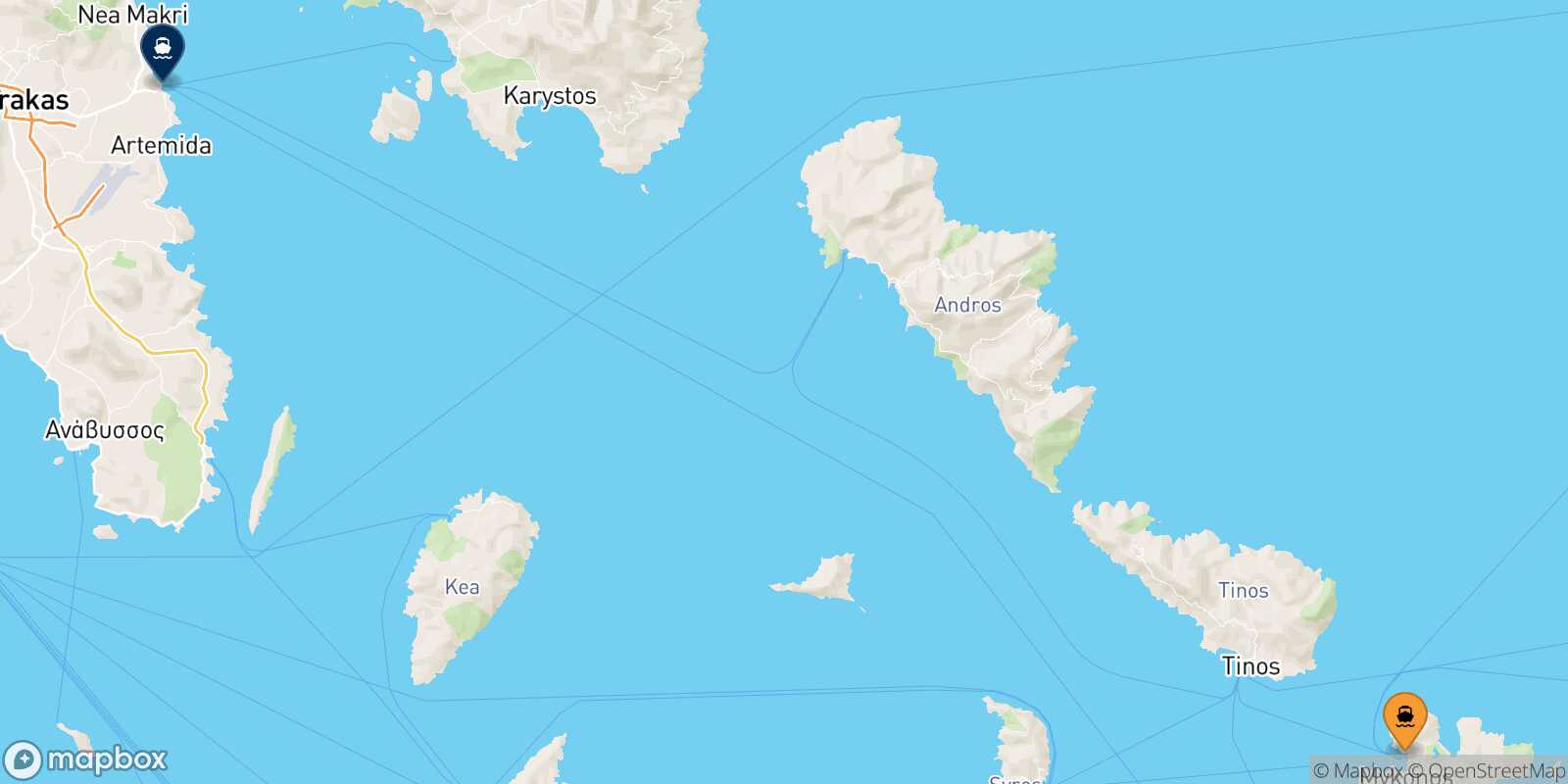 Mappa della rotta Mykonos Rafina