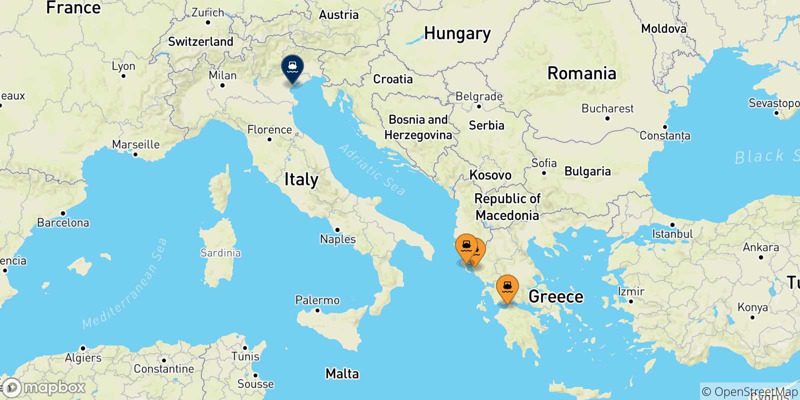 Mappa delle possibili rotte tra la Grecia e Venezia
