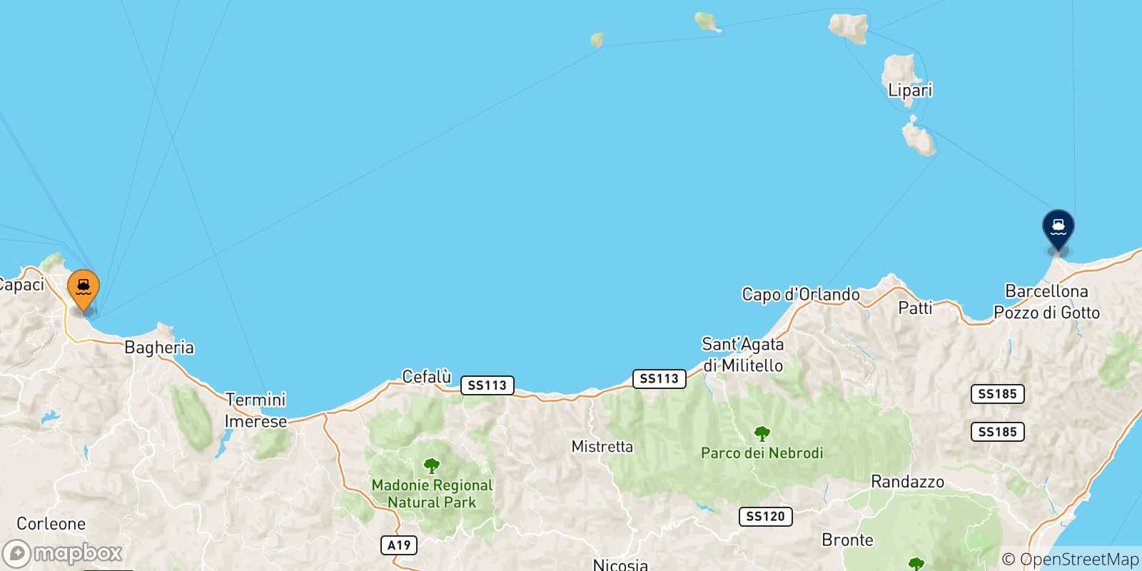 Mappa delle possibili rotte tra Palermo e la Sicilia