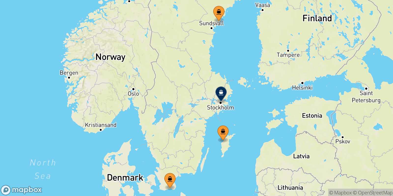 Mappa dei porti collegati con  Stoccolma