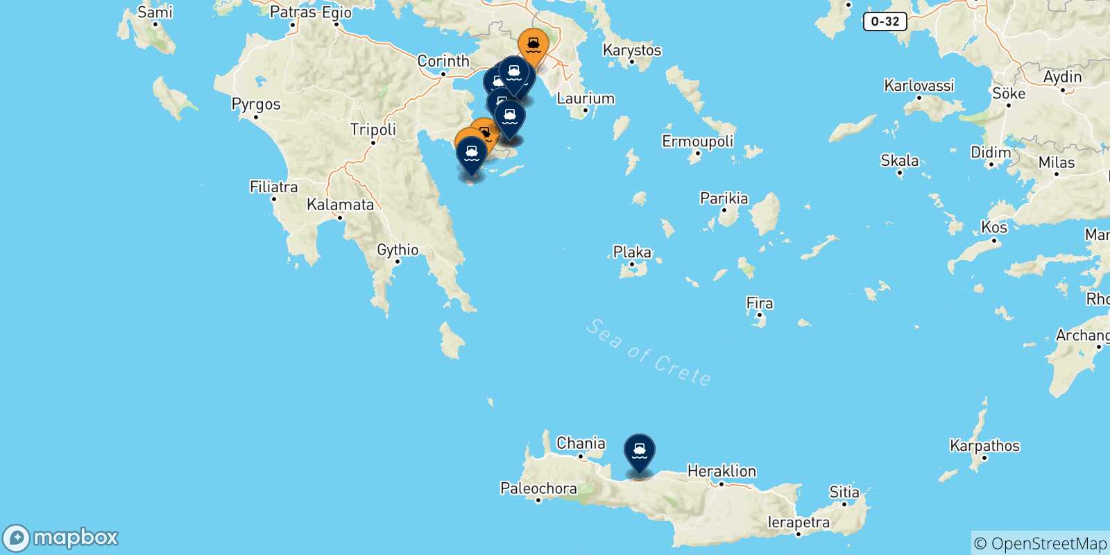 Mappa dei porti collegati con le Isole Saroniche