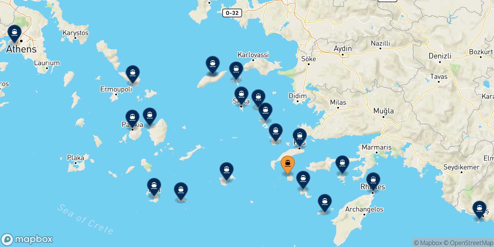 Mappa delle destinazioni raggiungibili da Nisyros