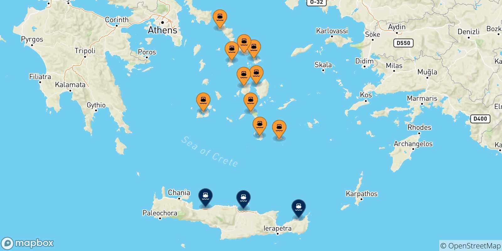 Mappa delle possibili rotte tra le Isole Cicladi e Creta
