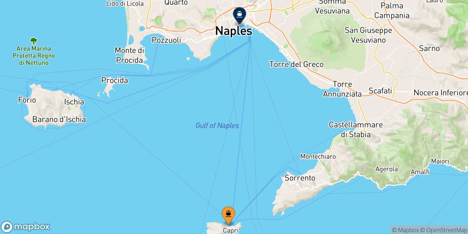 Mappa della rotta Capri Napoli Beverello