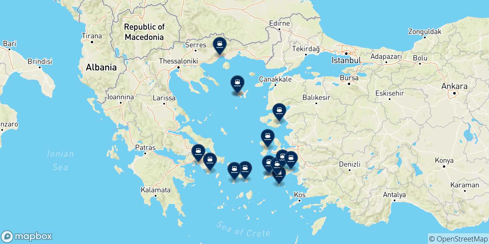 Mappa delle possibili rotte tra Mirina (Limnos) e la Grecia
