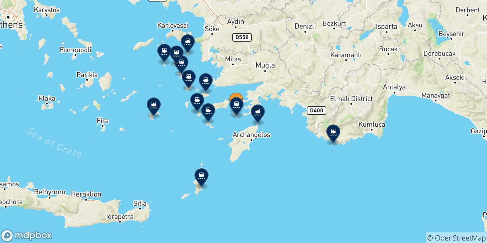 Mappa delle possibili rotte tra Symi e le Isole Dodecaneso