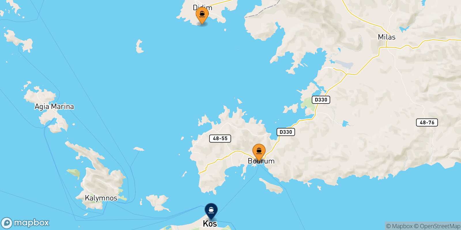 Mappa dei porti collegati con  Kos