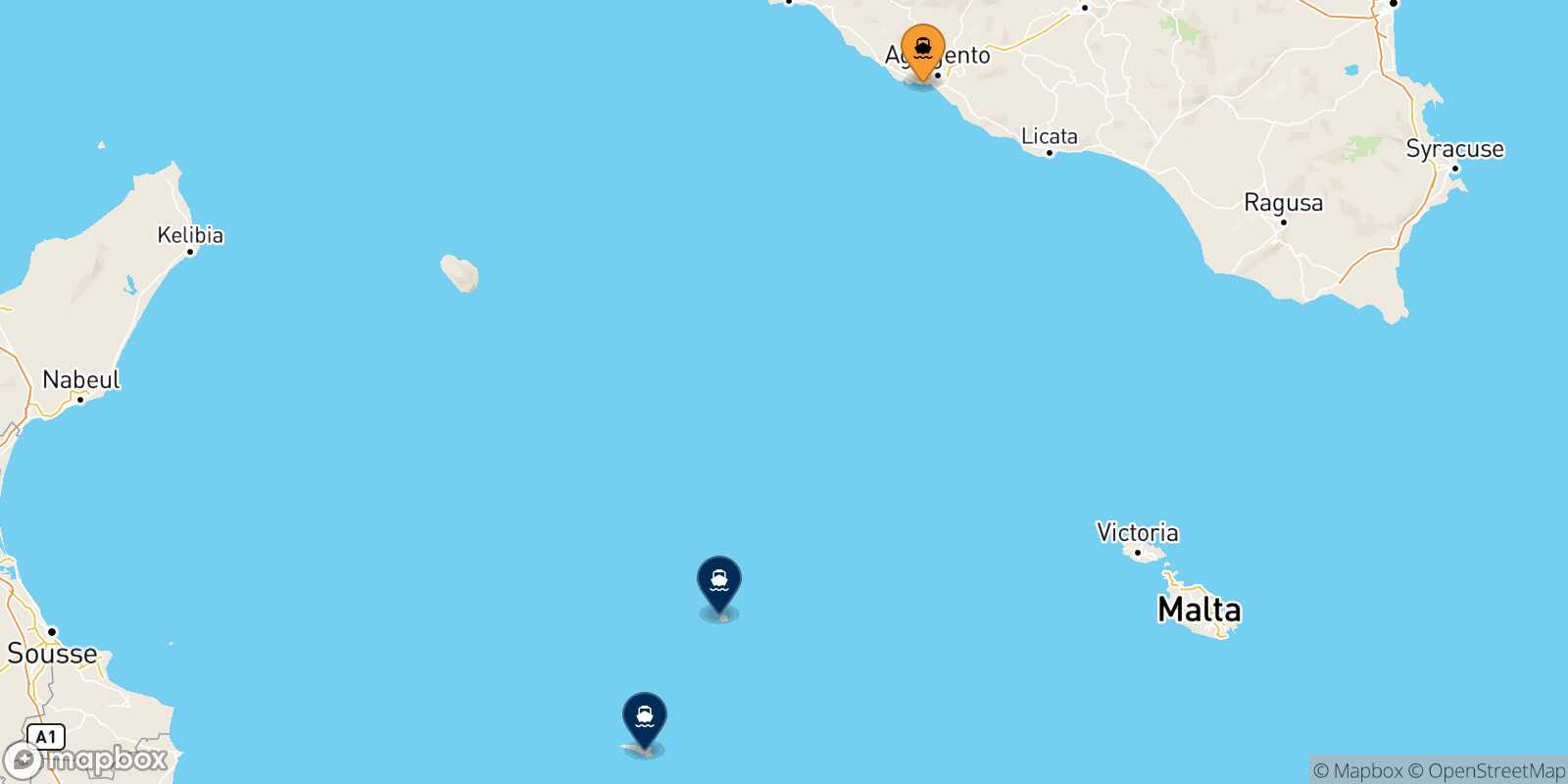 Mappa delle destinazioni raggiungibili da Porto Empedocle