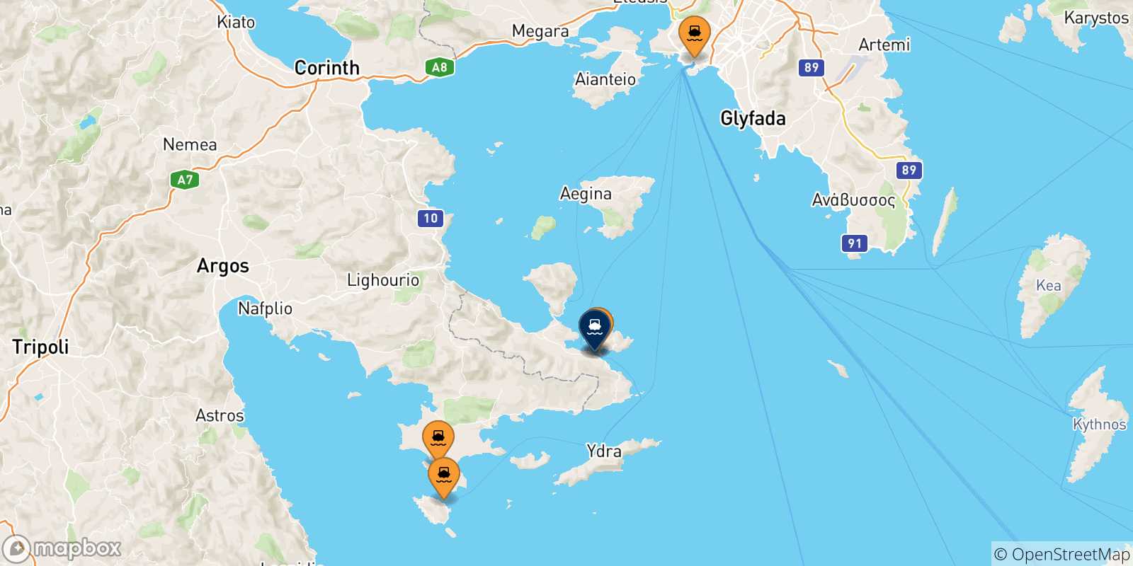 Mappa delle possibili rotte tra la Grecia e Hermioni