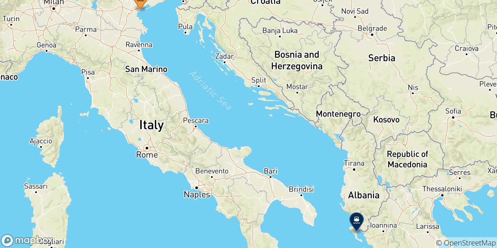 Mappa delle possibili rotte tra Venezia e le Isole Ionie