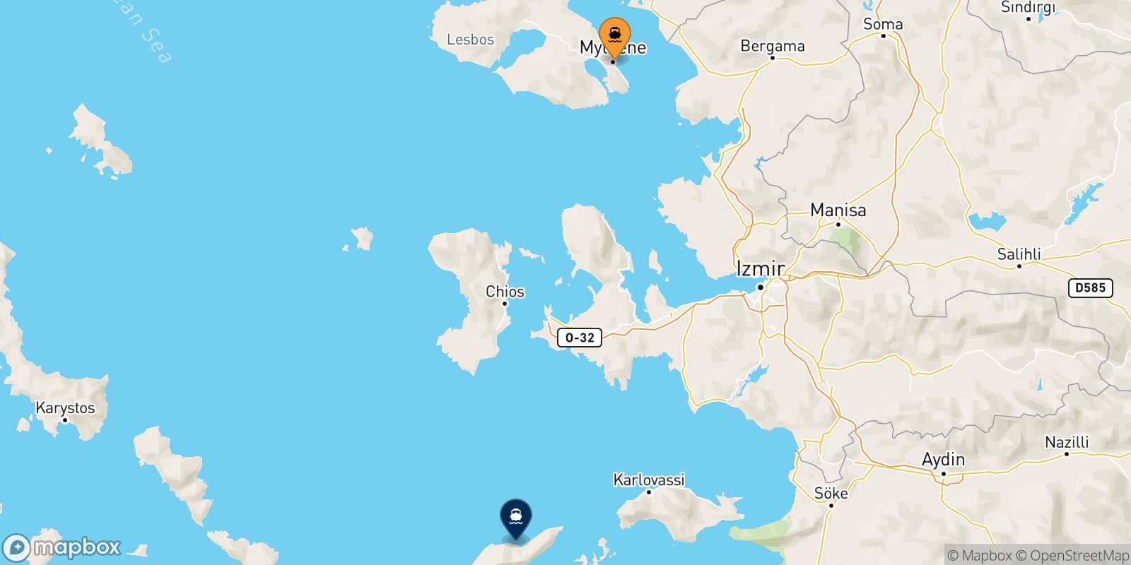 Mappa della rotta Mitilini (Lesvos) Agios Kirikos (Ikaria)