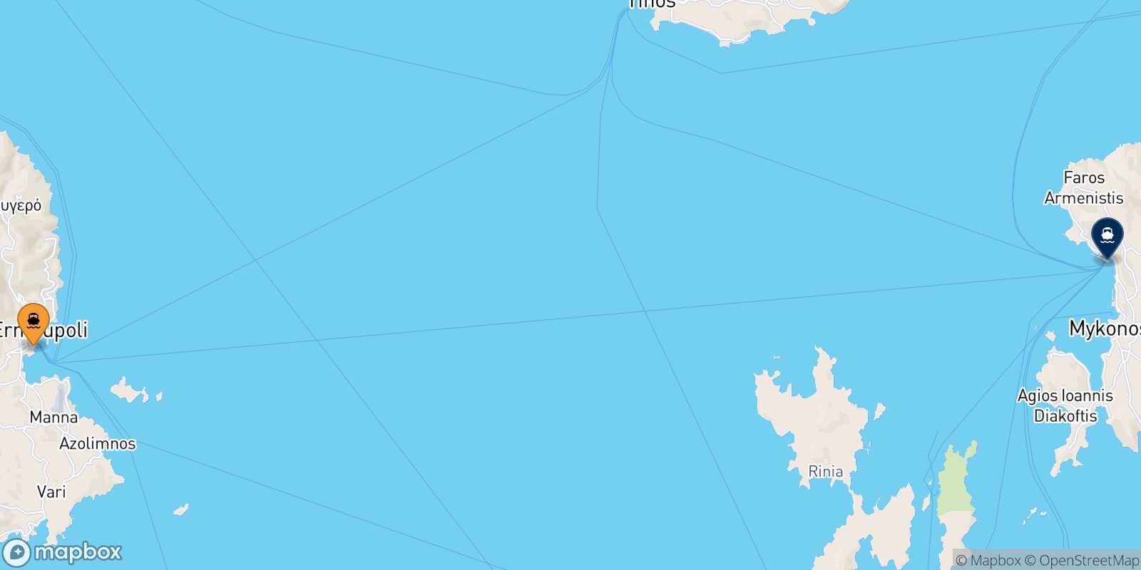 Mappa della rotta Syros Mykonos