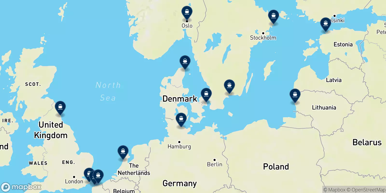 Mappa delle destinazioni Dfds