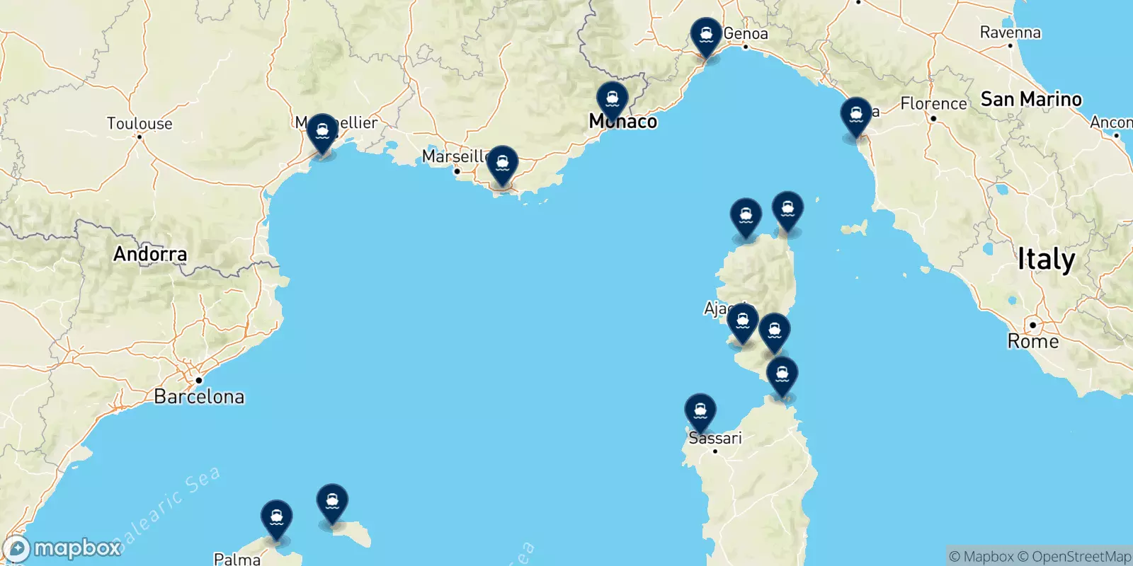 Mappa delle destinazioni Corsica Sardinia Ferries