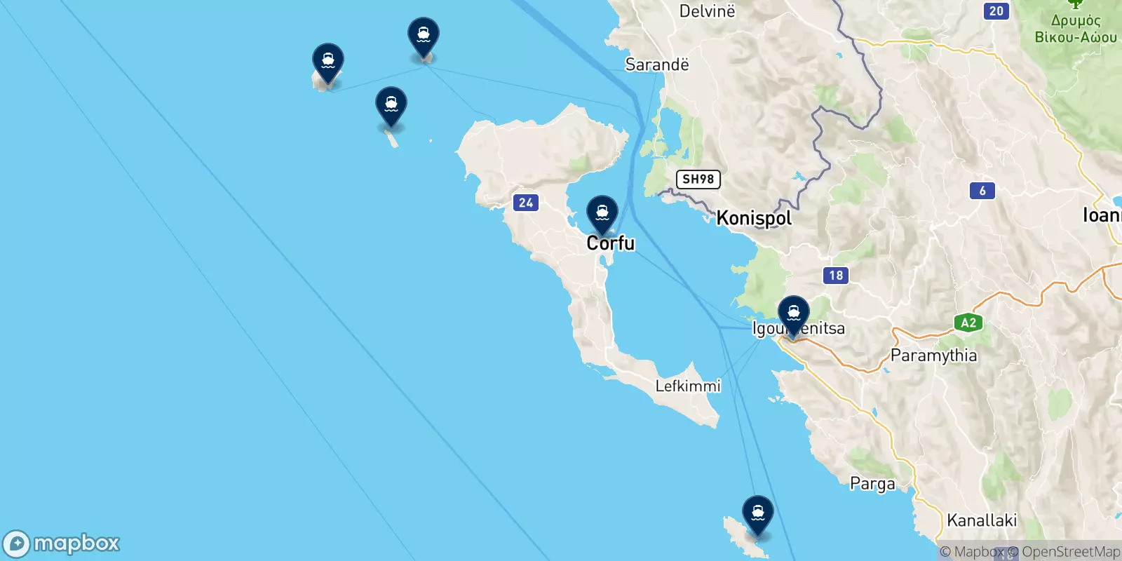 Mappa delle destinazioni Kerkyra Lines