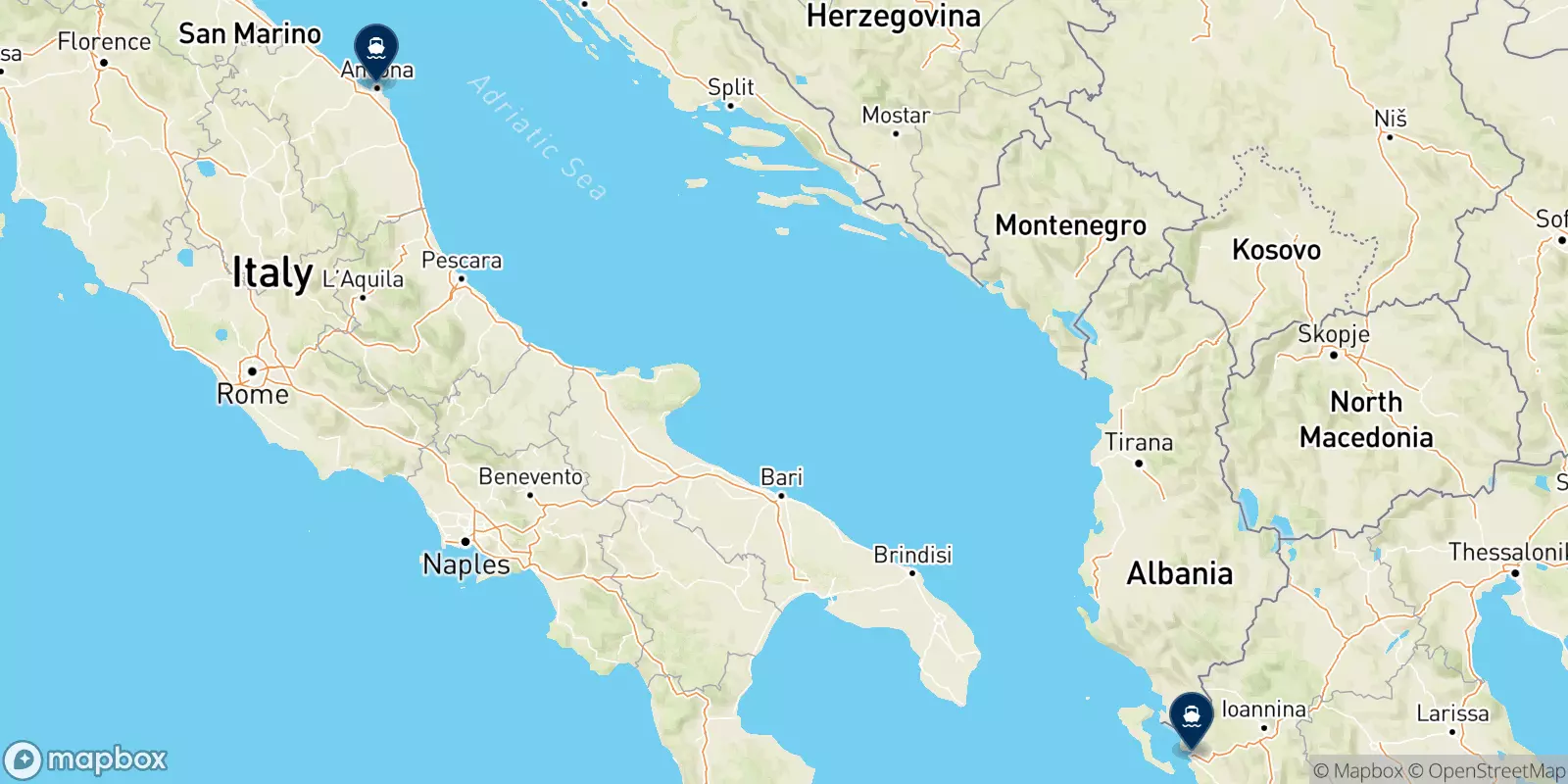 Mappa delle destinazioni Minoan Grimaldi Euromed