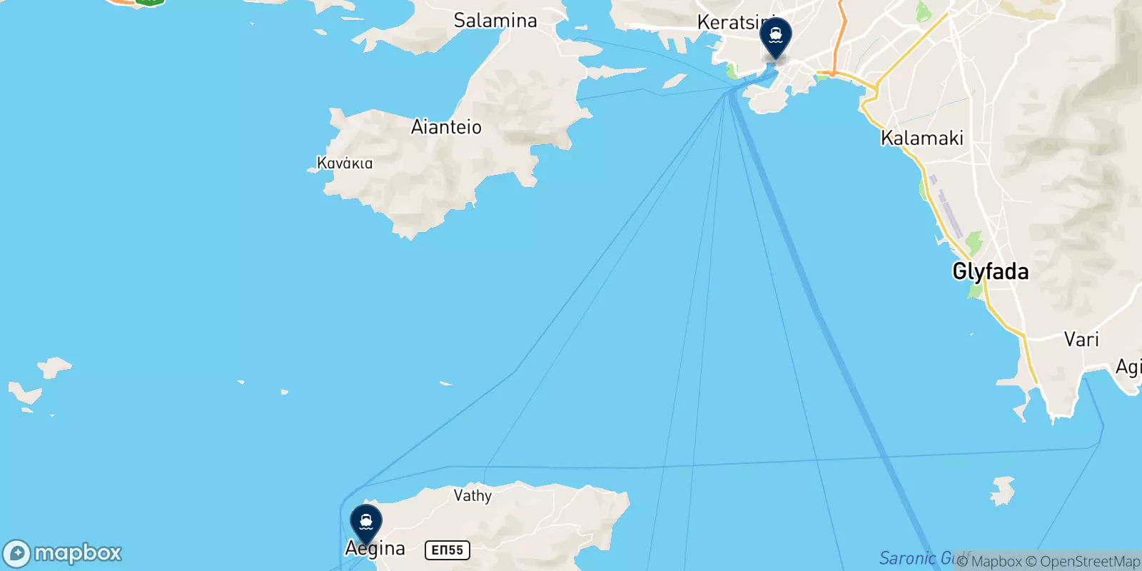 Mappa delle destinazioni Saronic Ferries